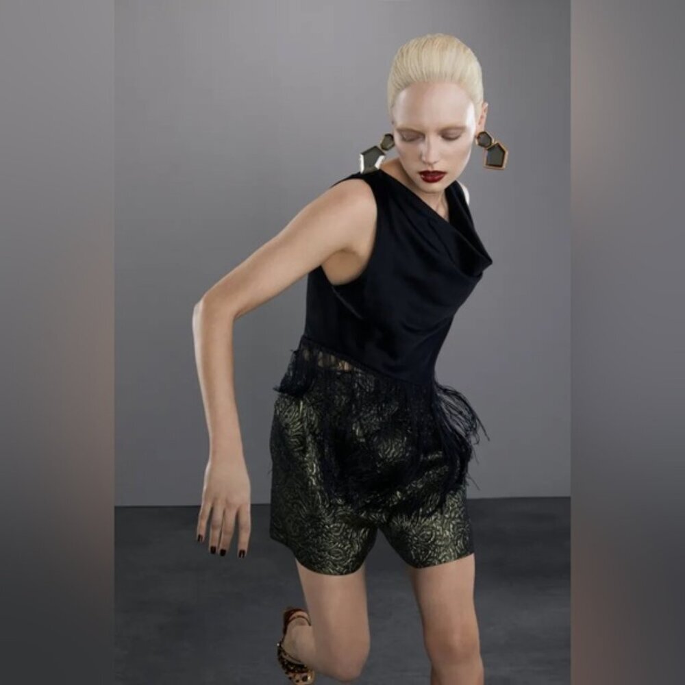 Zara Black Top with Metallic Green Brocade Shorts